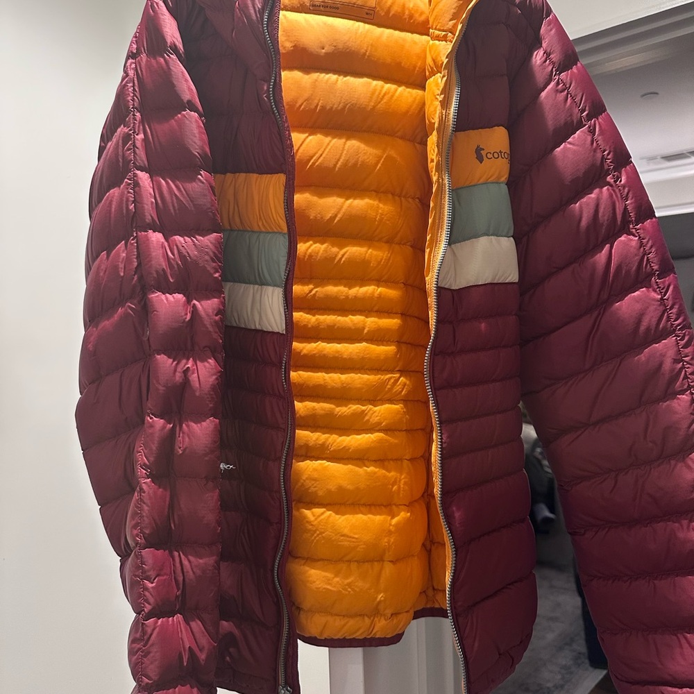Cotopaxi Two-Tone Puffer Jacket - Maroon and Mustard